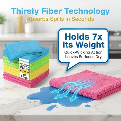 MIRACLEAN Microfiber Cleaning Cloth 12 Pack - 12 x 12 inches - Rags for Cleaning House Streak-Free Wipes for Screens, Dusting & Appliances - Premium Micro Fiber Cloth for Cleaning