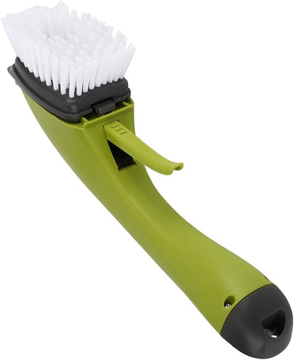 Zerodis Brushes Long Handle Scrub Brush Soap Dispening Tool Suitable for Sinks Countertops Grout Lines Pan Dish Washing Pot Brush with Pot (Green)