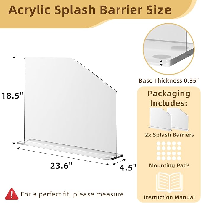 2 Pcs Acrylic Sink Splash Barrier, Clear Splatter Barrier, Freestanding Protective Panel with Cutaway, for Kitchen Hospital Labs Office, 23.6" L x 4.5" W x 18.5" H