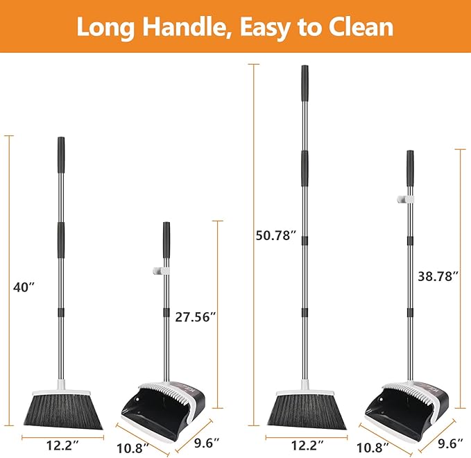 Folews Broom and Dustpan Set, Heavy Duty Dust Pan with Long Handle 51 Inch Broom with Dustpan Combo Set Upright Self-Cleaning Dust Pan Home Kitchen Lobby Indoor Outdoor Sweeping Cleaning Tool - Gray