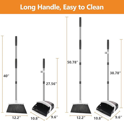 Folews Broom and Dustpan Set, Heavy Duty Dust Pan with Long Handle 51 Inch Broom with Dustpan Combo Set Upright Self-Cleaning Dust Pan Home Kitchen Lobby Indoor Outdoor Sweeping Cleaning Tool - Gray