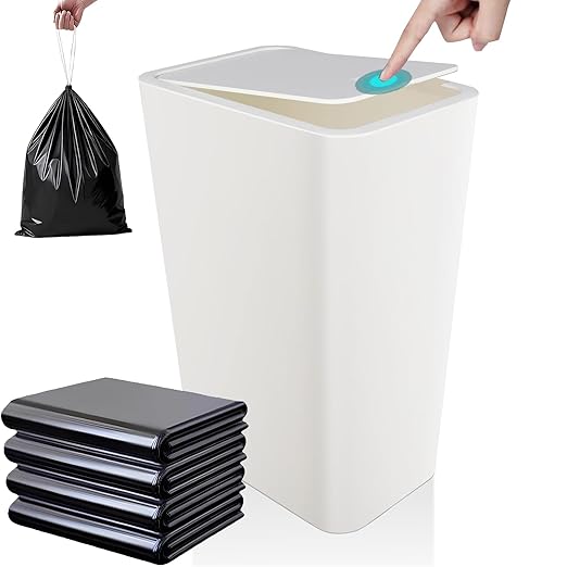 2.65-gallon/10-liter Push-Button Trash can with lid + 100 Trash Bags. Features pet-Proof, Odor-Proof, and Quiet-Closing Functions; Suitable for bedrooms, bathrooms, Kitchens, and Offices (White)
