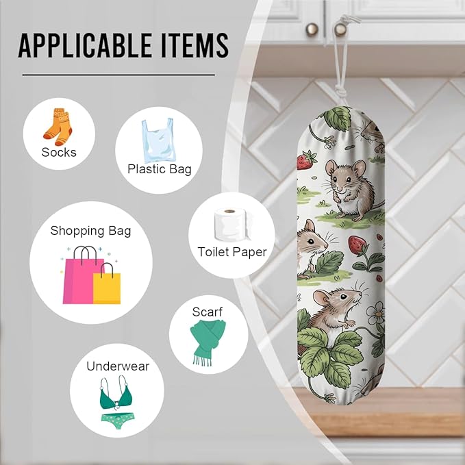 Rats Strawberry Plastic Bag Holder, Reusable Washable Shopping Bags Storage Carrier, Fabric Garbage Trash Bag Dispenser for Home Kitchen Pantry Cabinet, Wall Mount, Kitchen Housewarming Gifts