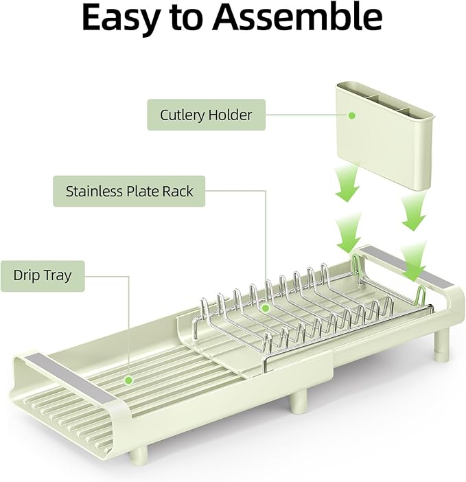 TOOLF Small Dish Drying Rack, Mini Expandable Compact Dish Rack, Slim Extendable Stainless Steel Dish Drainer for Kitchen Countertop, Space Saving Dish Strainer, Soft Celery Green