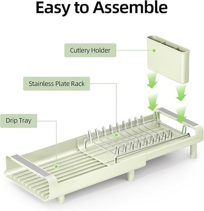 TOOLF Small Dish Drying Rack, Mini Expandable Compact Dish Rack, Slim Extendable Stainless Steel Dish Drainer for Kitchen Countertop, Space Saving Dish Strainer, Soft Celery Green