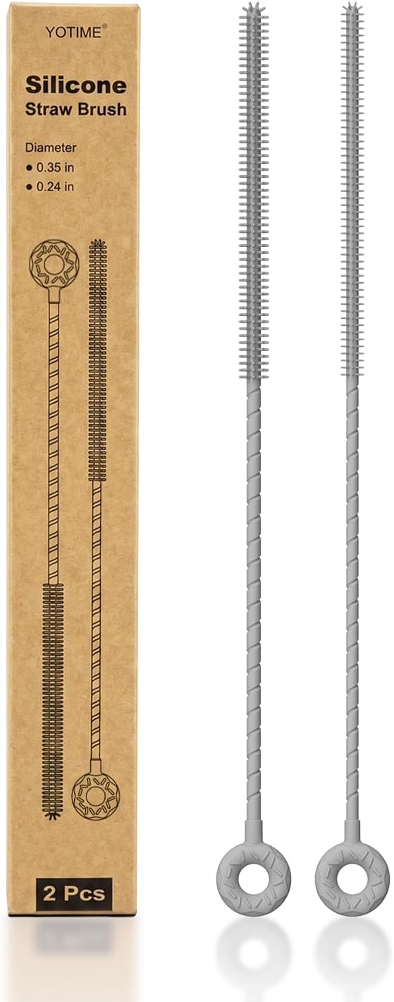 YOTIME Silicone Straw Cleaner Brush, 2 Pcs Reusable Straw Brush(6mm+9mm) for Cleaning Narrow & Wide Straws, Tumblers, Gray