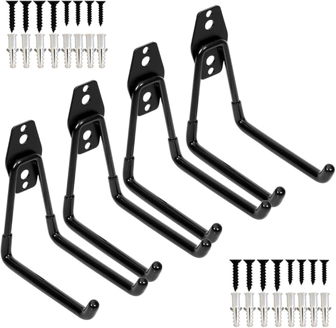 Storage Double Hooks Garage Space Saver Organizer Utility Hanger,Rack Extended Wall Mount Tool Heavy Duty Steel Holder with Anti-Slip Coating, 4 Pack 5.1" Garage Hook