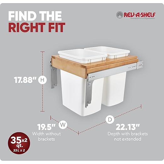 Rev-A-Shelf Top Mount Double Pullout Under Cabinet 35 Quart Kitchen Trash Cans, 150 Pound Rated Full-Extension Slides, 4WCTM-21DM2-495-FL