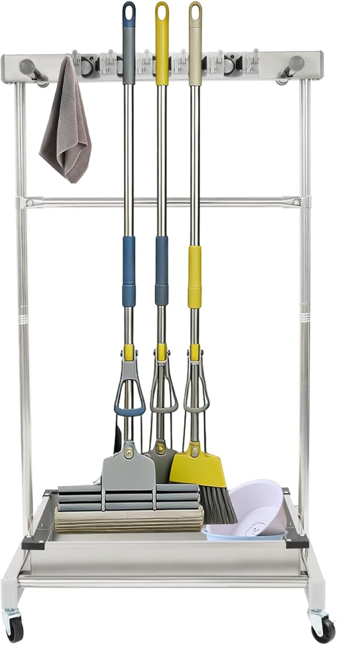 Broom Mop Holder Cleaning Supplies Organizer, Mobile Mop Rack with Water Basin & 12 Hooks, Freestanding Cleaning Tool Cart Storage Rack for Home Garden Garage Schools Hotels (Stainless Steel Basin)