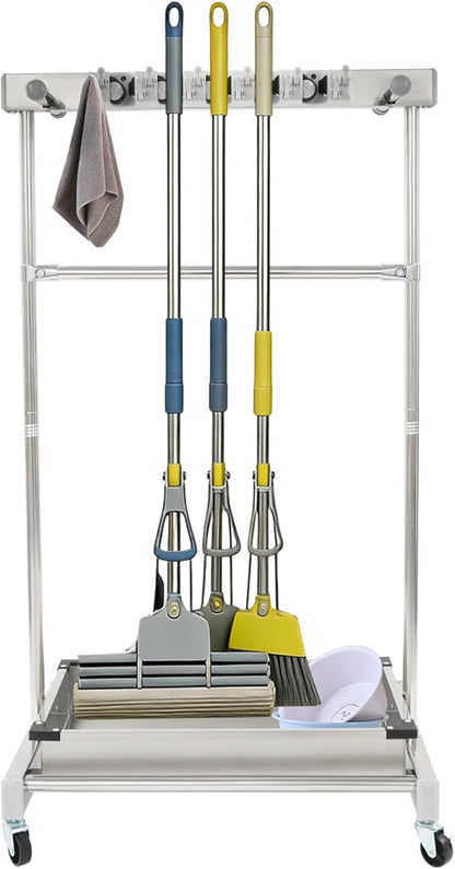 Broom Mop Holder Cleaning Supplies Organizer, Mobile Mop Rack with Water Basin & 12 Hooks, Freestanding Cleaning Tool Cart Storage Rack for Home Garden Garage Schools Hotels (Stainless Steel Basin)