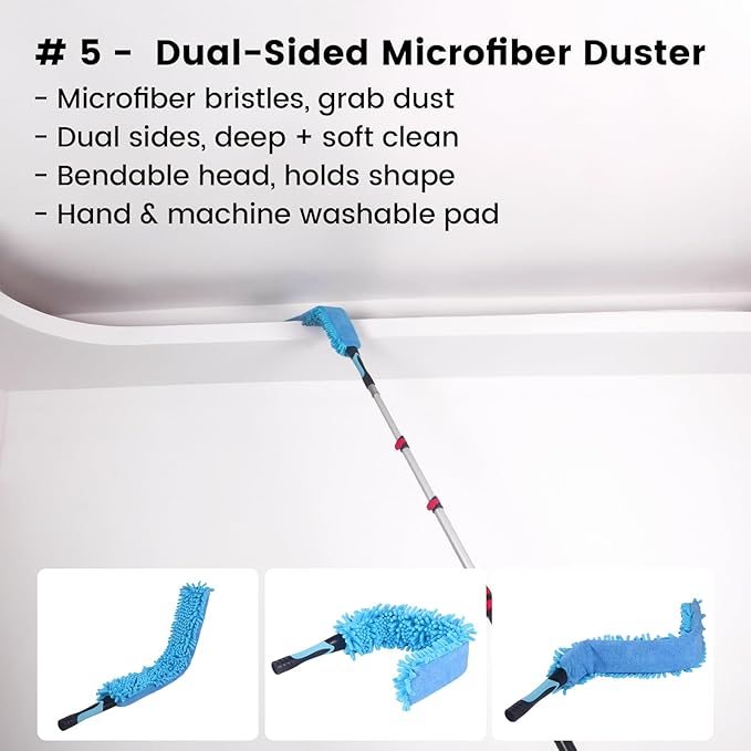 14FT High Reach Cleaning Kit - Includes 12FT Telescoping Extension Pole Bendable Chenille Duster & Microfiber Duster Cobweb Duster Glass Scrubber & Squeegee Swivel Head - for Ceiling Fans Windows