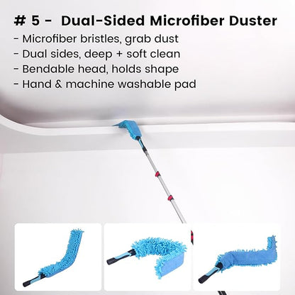 14FT High Reach Cleaning Kit - Includes 12FT Telescoping Extension Pole Bendable Chenille Duster & Microfiber Duster Cobweb Duster Glass Scrubber & Squeegee Swivel Head - for Ceiling Fans Windows