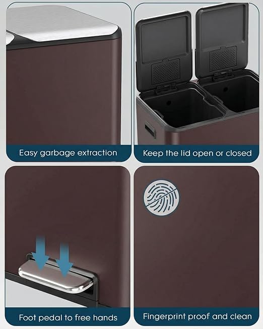 ComfyCorner 16 Gal (2 x 30 L) Dual Trash Can, Stainless Steel Kitchen Garbage Bin, Recycle Dustbin with Odor Control Box, Soft-Close Lid, Inner Buckets, Side Handle, Step Pedal, for Home Office