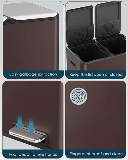 ComfyCorner 16 Gal (2 x 30 L) Dual Trash Can, Stainless Steel Kitchen Garbage Bin, Recycle Dustbin with Odor Control Box, Soft-Close Lid, Inner Buckets, Side Handle, Step Pedal, for Home Office