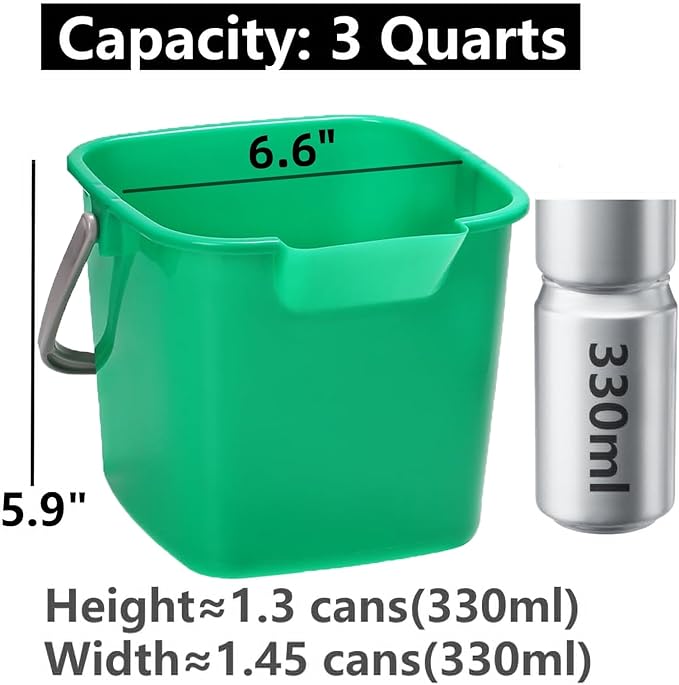 Peohud 4 Pack Sanitizing Buckets, 3 Quart Small Cleaning Buckets, Square Detergent Pail with Spout and Handle, Plastic Utility Bucket for Home Kitchen School Offices Commercial Use, Green