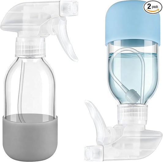 Tecohouse 2 Pack 360° Glass Spray Bottles with Silicone Sleeve, 4 oz Clear Empty Refillable Containers with Adjustable Spray Nozzles, Dark Spray Bottles for Cleaning Solutions, Plants (Blue & Grey)