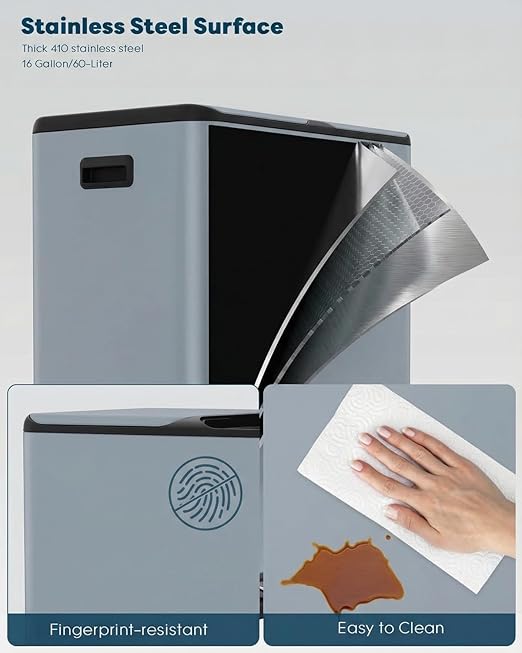 ComfyCorner 16 Gal (2 x 30 L) Dual Trash Can, Stainless Steel Kitchen Garbage Bin, Recycle Dustbin with Odor Control Box, Soft-Close Lid, Inner Buckets, Side Handle, Step Pedal, for Home Office