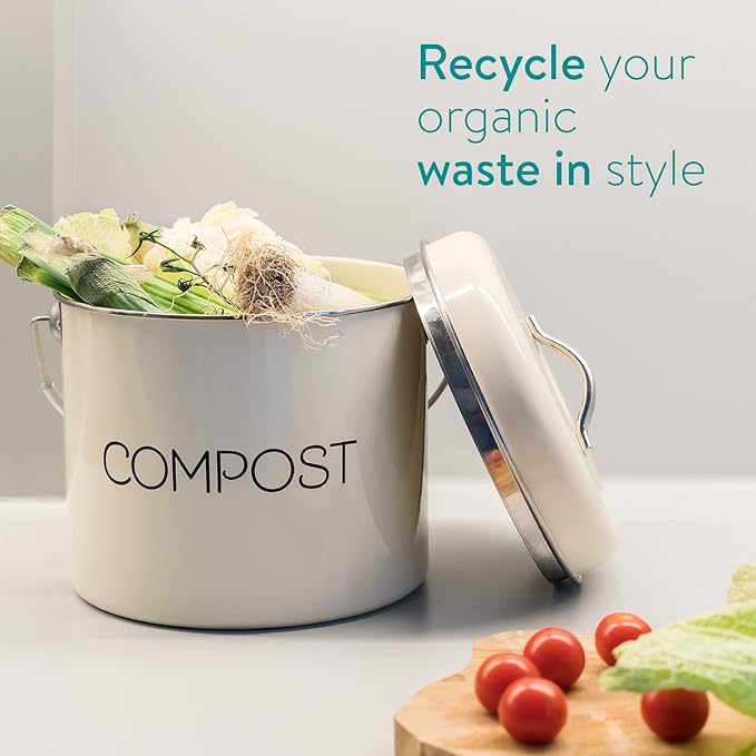 Navaris Compost Bin for Kitchen Counter - 0.8 Gallon (3L) Metal Countertop Indoor Composter Bucket with Charcoal Filters and Lid - Cream, Size Small