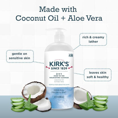 Kirk's Original Fresh 3-in-1 Nourishing Cleanser, Shampoo Body Wash Bubble Bath, Coconut Oil and Aloe Vera, Vegan Non-GMO, 32 Fl Oz, Pack of 2