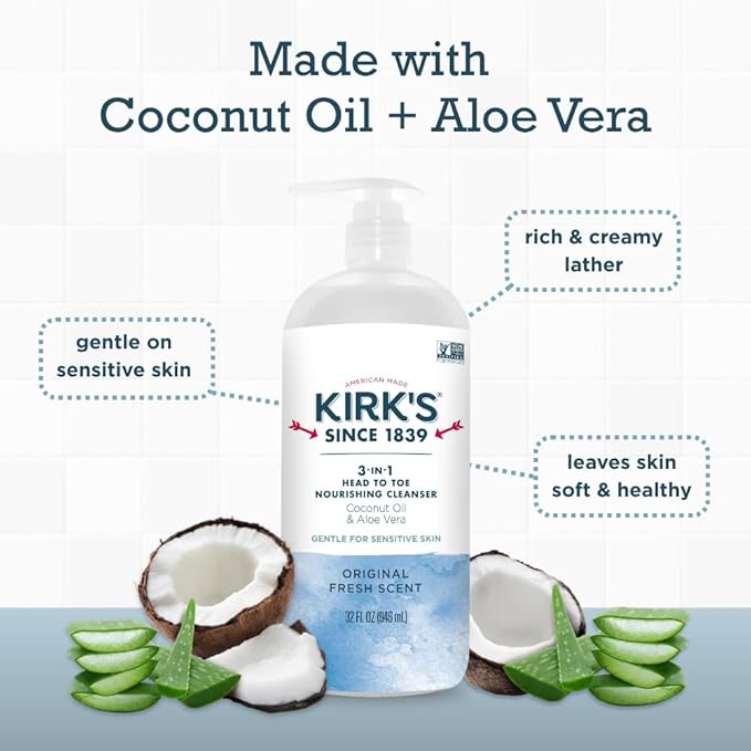 Kirk's Original Fresh 3-in-1 Nourishing Cleanser, Shampoo Body Wash Bubble Bath, Coconut Oil and Aloe Vera, Vegan Non-GMO, 32 Fl Oz