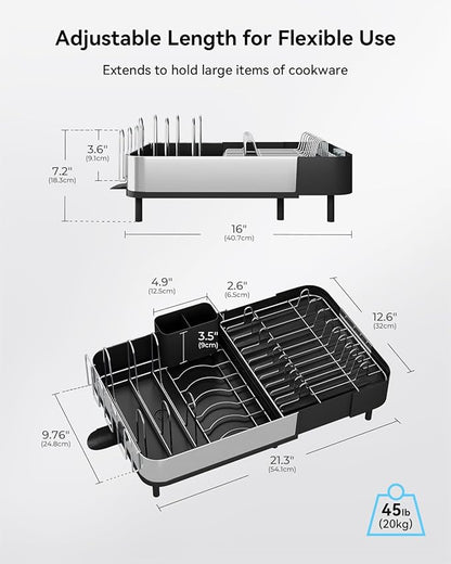 SUNLY Expandable Dish Drying Rack, Versatile Brackets for Pots & Pans, Space Saving Kitchen Drying Rack, Dish Racks for Kitchen Counter, Stainless Steel Dish Drainers with Extendable Spout, Black