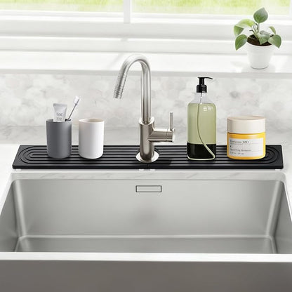 Stone Faucet Mat for Kitchen Sink, Large Fast Drying Stone Faucet Mat for Kitchen Sink with Raised Feet, Prevent Moisture Drying Diatomite Fast Tray, Dark Gray, 30" x 4"
