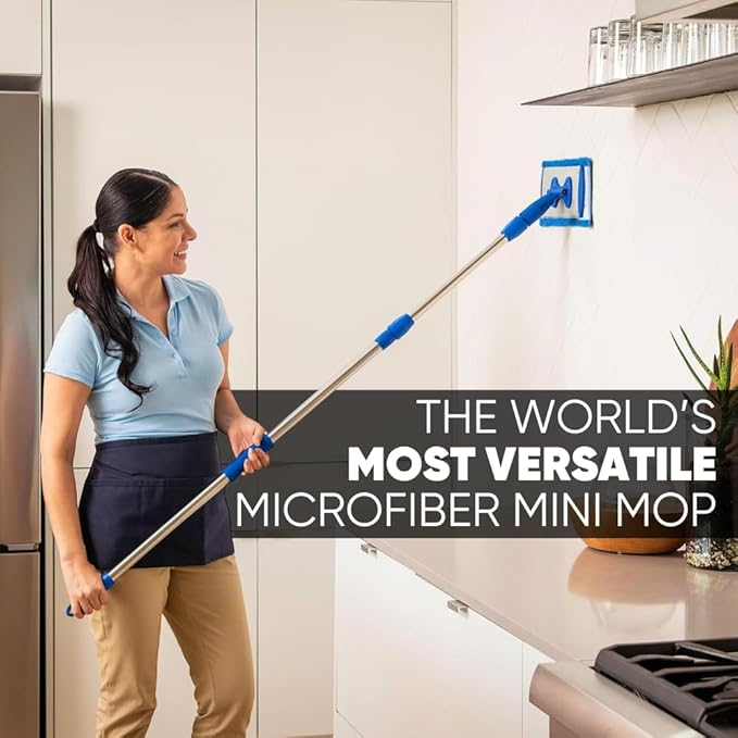 9" Mini Microfiber Mop System for Tight Spaces & Walls | Flat Floor Mop | Adjustable Stainless Steel Handle | 360° Swivel | 2 Washable Microfiber Pads | Hardwood, Tile, Vinyl