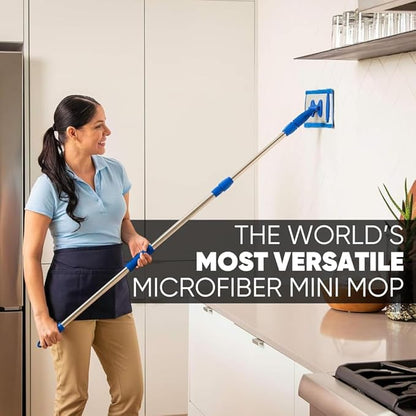 9" Mini Microfiber Mop System for Tight Spaces & Walls | Flat Floor Mop | Adjustable Stainless Steel Handle | 360° Swivel | 2 Washable Microfiber Pads | Hardwood, Tile, Vinyl