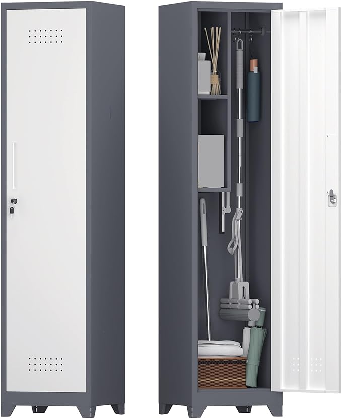 65'' Metal Broom Cabinet with Lock Heavy-Duty Cleaning Storage Cabinet with Adjustable Hooks and Shelves Narrow Freestanding Utility Storage Gray Cleaning Supply Organizer for Laundry Room Garage