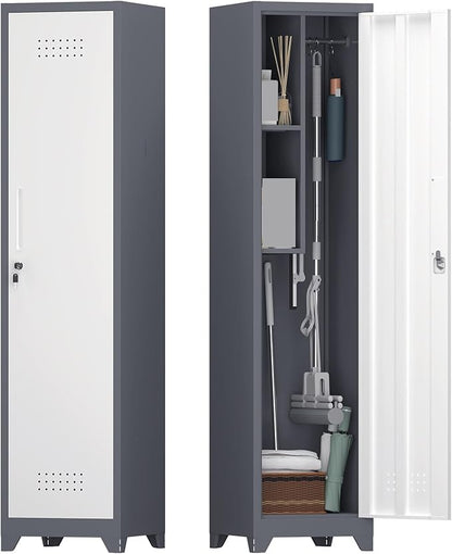 65'' Metal Broom Cabinet with Lock Heavy-Duty Cleaning Storage Cabinet with Adjustable Hooks and Shelves Narrow Freestanding Utility Storage Gray Cleaning Supply Organizer for Laundry Room Garage