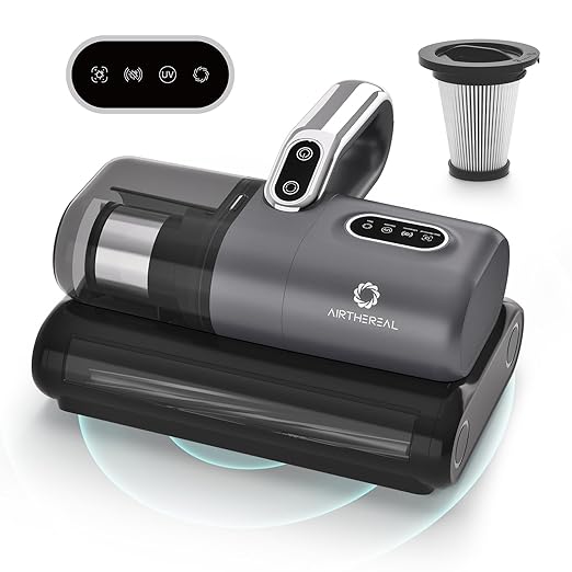 AIRTHEREAL Bundle | M1 Mattress Vacuum Cleaner with 4-Spare Filters, Bed Vacuum with High-Frequency Vibration - 80,000 RPM Dual Brushroll Rotation, UV-C Light, Dust Sensor