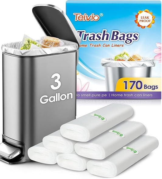 3 Gallon 170 Counts Small Trash Bags 3 Gallon 3.1 Gallon 3.2 Gallon fit 10 liter Garbage Bags by Teivio, Waste Basket Bags,Bathroom Trash Can Bin Liners, Plastic Bags for home office kitchen, Clear