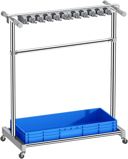 Movable Broom Mop Holder, Floor Standing Cleaning Tool Cart Storage, Freestanding Cleaning Supplies Organizer Wet Mop Drain Rack Housekeeping Station Storage Tools for Home Garage Schools