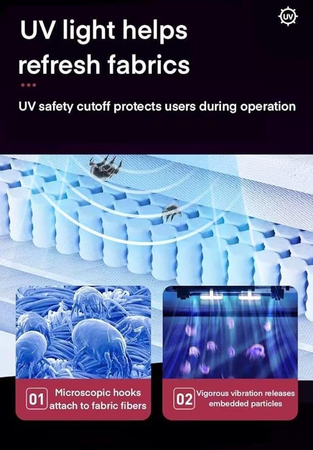 Mattress Fabric Cleaner - UV-C Light Refreshment & 8000Pa Cyclonic Suction, Quiet Cordless Handheld for Mattress, Sofa, Car