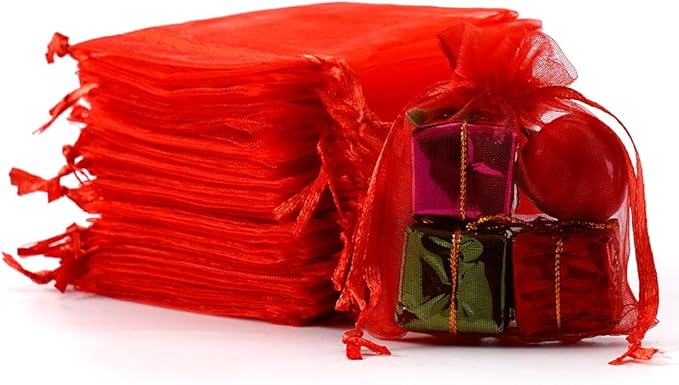 Meowoo 100PCS Organza Bags, 3x4in Small Mesh Bags Drawstring, Mesh Gift Bags Drawstring for Jewelry, Candy, Christmas, Sachets, Festivals, Bathroom Soaps, Makeup Organza, Wrapping Supplies(red)