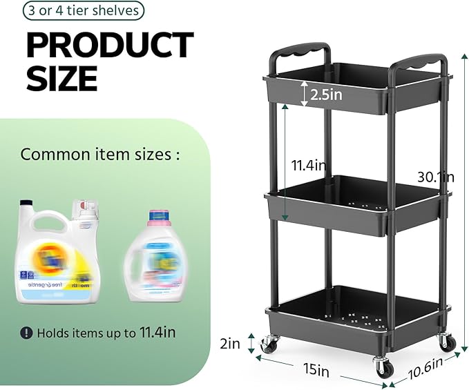Goovilla Rolling Storage Cart, 3 Tier Rolling Utility Cart Organizer on Lockable Wheels, Charcoal Fruit Vegetable Storage Rack Also for Kitchen, Cans, Snack, Craft, Art, Office, Beauty