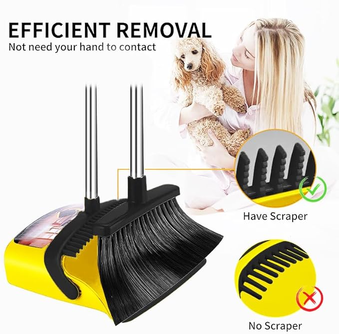 2-Pack is More economical,Brooms with Dustpan Combo Set， with 52" Long Handle, Dustpan Teeth with self-Cleaning Function, Indoor and Outdoor Sweeping, Perfect for Home Office(Large/Yellow /2-Pack)