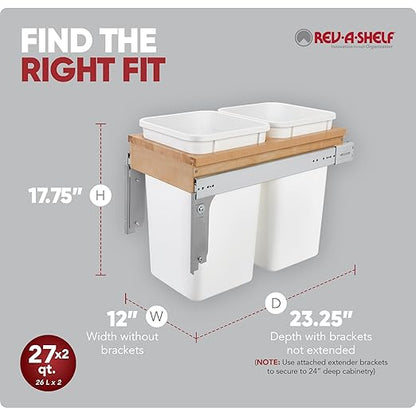 Rev-A-Shelf Top Mount Double Pullout Under Cabinet 27 Quart Kitchen Trash Cans with 150 Pound Rated Full-Extension Slides, 4WCTM-15DM2