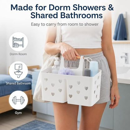 White Portable Shower Caddy Basket with Handle, 3-Compartment Plastic Shower Tote with Drain Holes, Cute Bathroom Organizer for College Dorm, Shared Bathroom, Gym, Travel, Skincare & Cleaning Supplies