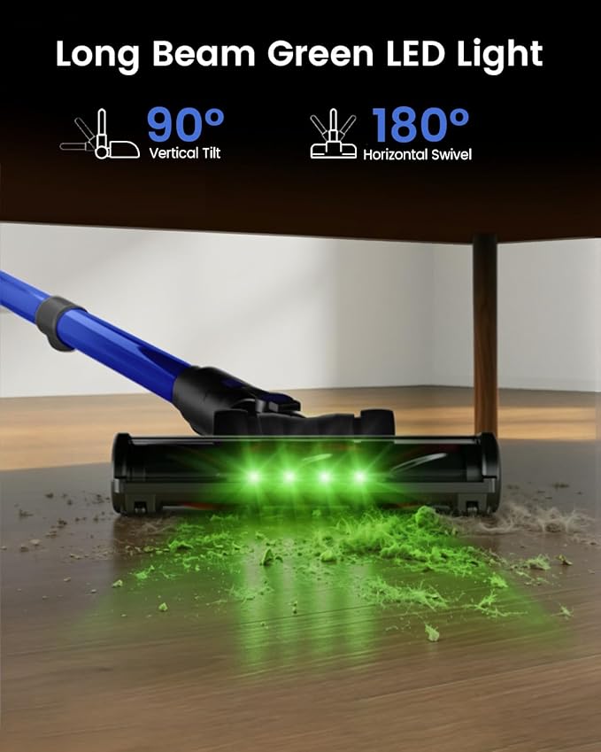 Cordless Stick Vacuum Cleaner, 650W 55KPA Up to 70Min Runtime, Green Light Anti-Tangle Brush, 7-Stage HEPA Filtration, Lightweight for Pet Hair Carpet Hard Floors (Blue)