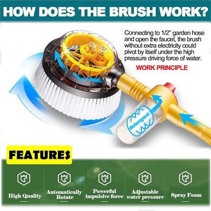 Spinning Car Wash Brush Soft Microfiber, Auto Rotate Car Brush Mop with Soap Dispenser, Exterior Car Cleaning Brush Attached to Hose,Soap Dispenser (Yellow)