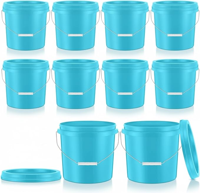 Tioncy 10 Pcs 2 Gallon Plastic Bucket with Lid Heavy Duty 2 Gallon Bucket Pail with Lid Handle for Storage Container Home Household Cleaning (Light Blue)