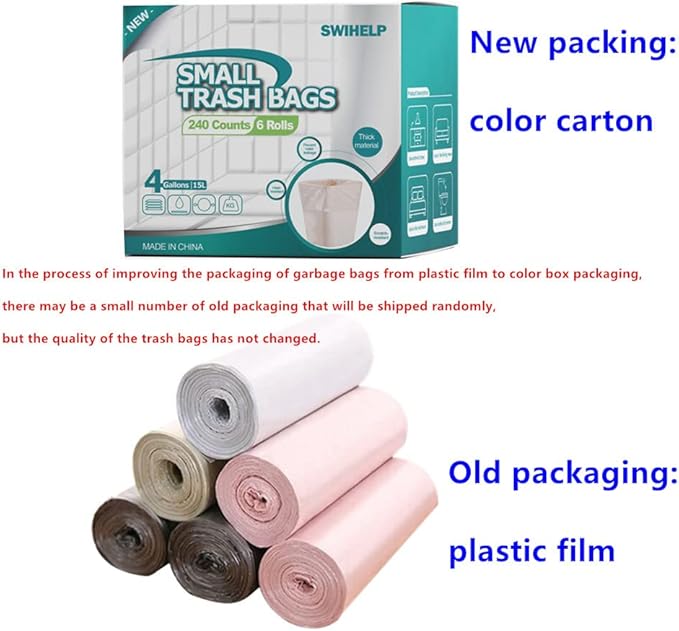 Trash Bags, 4 Gallon / 15 Liters Small Garbage Bags for Office, Kitchen,Bedroom Waste Bin,Colorful Portable Strong Rubbish Bags,Wastebasket Bags 240 Counts