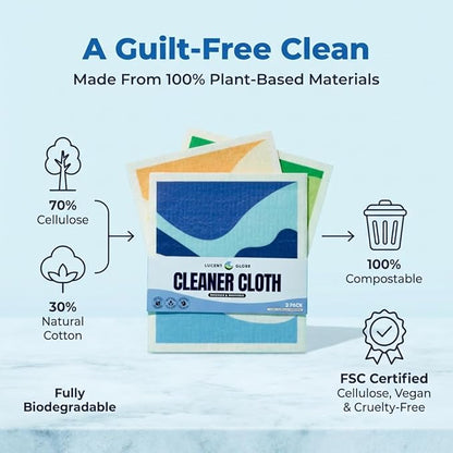 Lucent Globe Swedish Dishcloths for Kitchen (3-Pack) – Reusable, Eco-Friendly Sponge Cloths Replace 15 Paper Towel Rolls – Plant-Based, Machine Washable, Super Absorbent & Compostable Cleaning Cloths