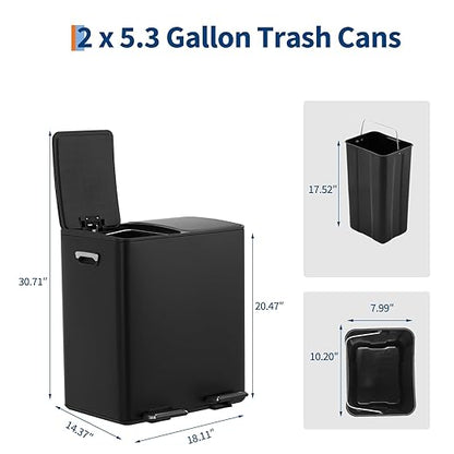 Dual Compartment Trash Can, 2 x 5.3 gal, 20L x 2 Stainless Steel Recycling Bin, Modern Kitchen Trash Bin with Foldable Anti-Slip Foot Pedal, Soft-Close Lid, Removable Inner Buckets, Kitchen Garbage