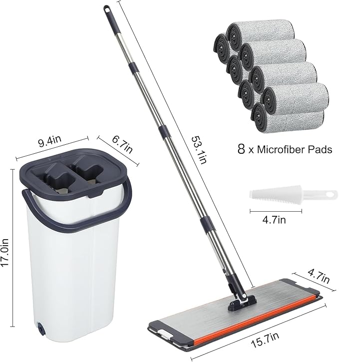 Easy Wring Washable Mop Bucket Set, Household, Durable Sturdy Aluminum Flat Mop Head with 8 Reusable MicrofibeDual Chamber Design, Dry and Wet Use Suitable for All Floors 16 Inch