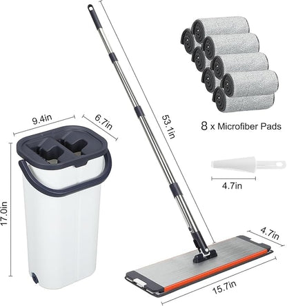 Easy Wring Washable Mop Bucket Set, Household, Durable Sturdy Aluminum Flat Mop Head with 8 Reusable MicrofibeDual Chamber Design, Dry and Wet Use Suitable for All Floors 16 Inch