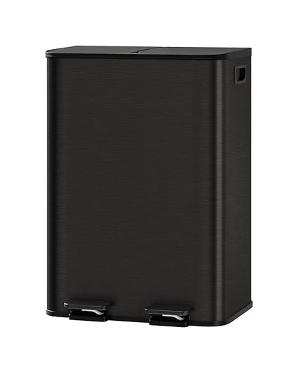 OUTLANE 2 X 8 Gal Stainless Steel Double Trash Can with Lid, Dual Compartment Step-on Kitchen Garbage & Recycle Bin, Metal Waste Bin with Removable PP Buckets, Liner Rim, Matte Black