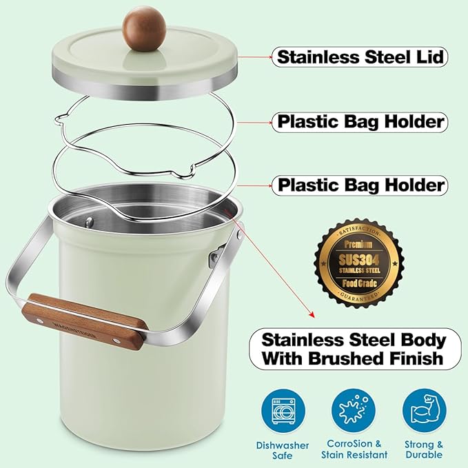 WAGENSTEIGER Kitchen Countertop Compost Bin 101Ounces / 3Liter with Airtight Lid, SUS304 Stainless Steel Odor-Free Food Waste Bin with Wooden Handle Stylish Design/Bathroon Trash Can (Mint Green)
