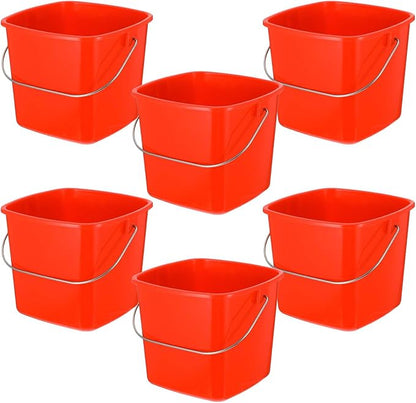Kifmurase 6 Pcs 3 Quart Plastic Cleaning Bucket, Small Square Detergent Pail with Handles, Utility Bucket for Home, Office, Kitchen, School, Commercial Use,（Red）